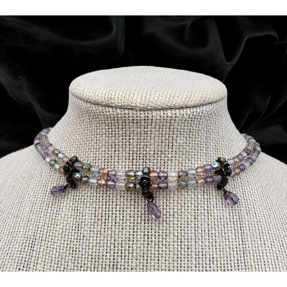 1928 Multicolor Beaded Choker Necklace With Bronze Chain Floral Accents - Picture 1 of 11